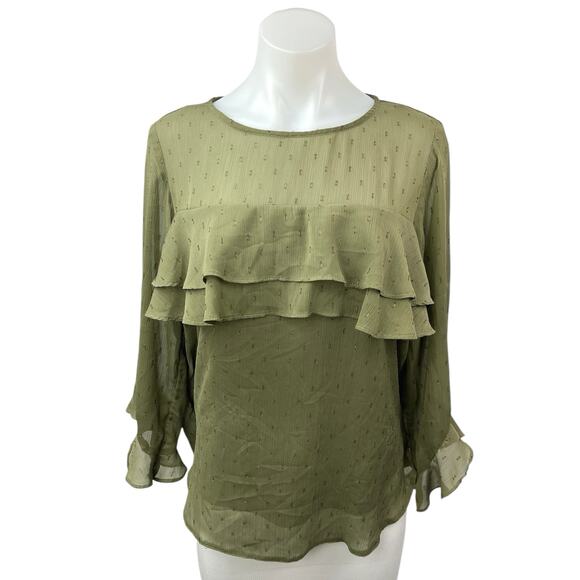 Dorothy Perkins Women's Olive Green Metallic Chiffon Ruffle Blouse Top Size 12 - Picture 1 of 5